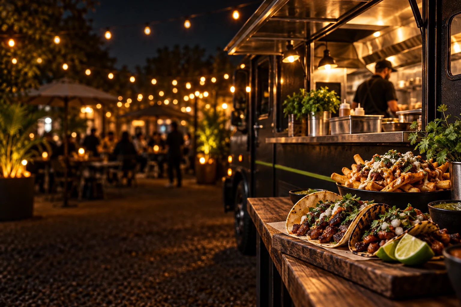 Street tacos beside a food truck under warm night-market lights