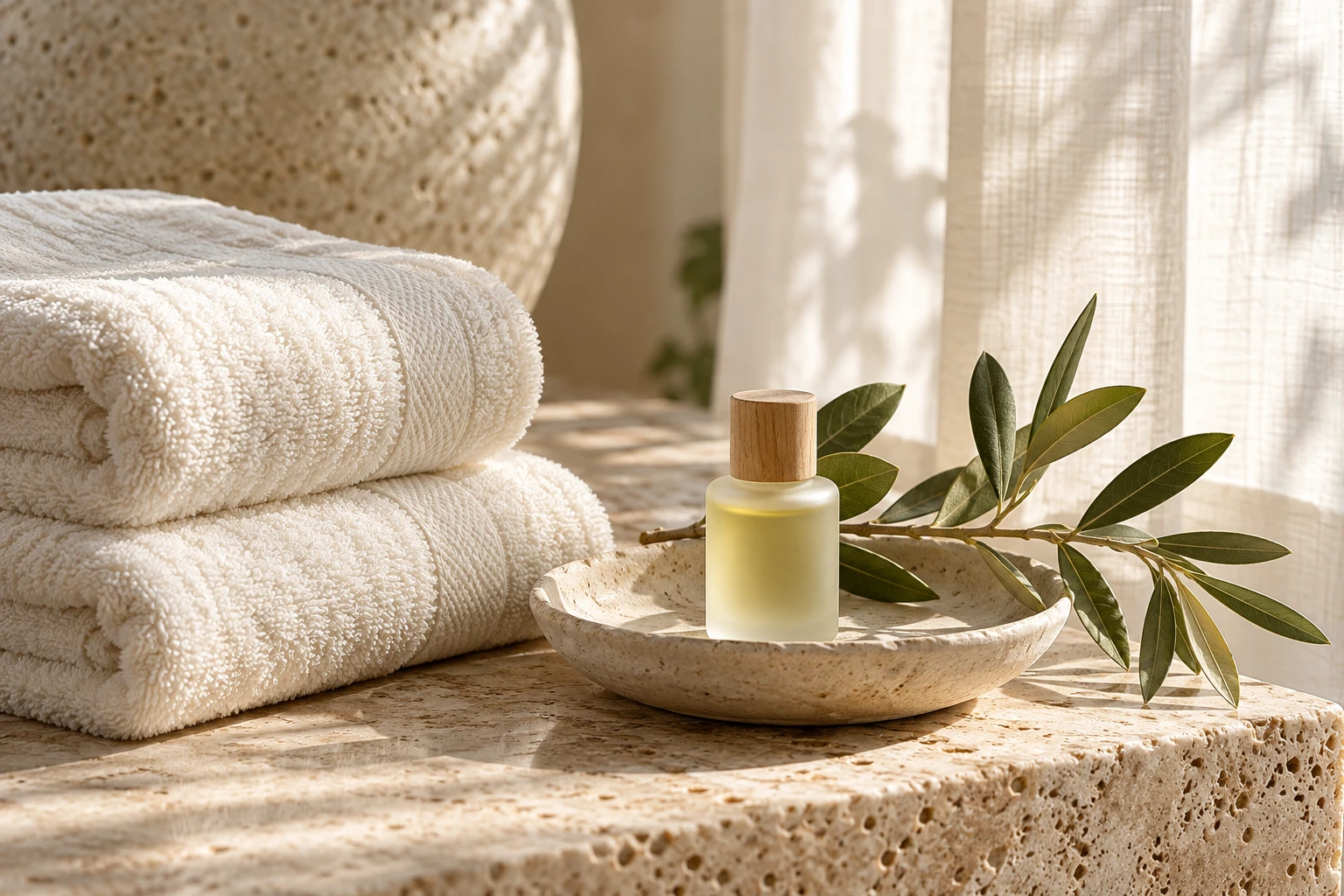 Illustrative spa still life with ivory towels, ceramic bowl, and botanical oil