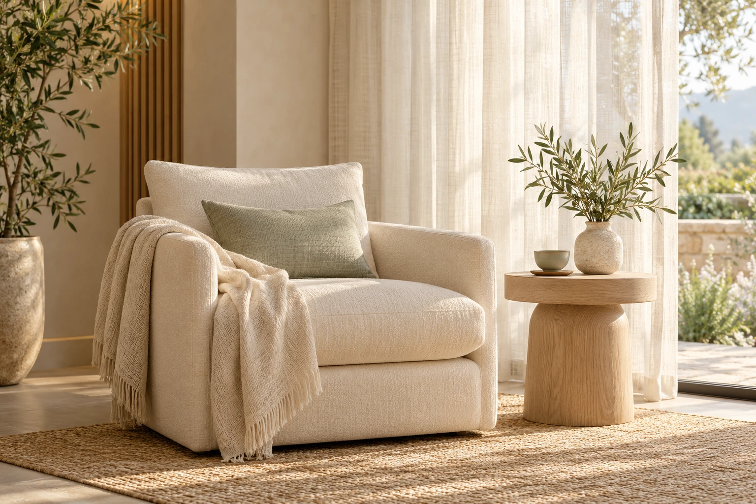 Illustrative spa relaxation corner with an ivory lounge chair, tea, and soft window light