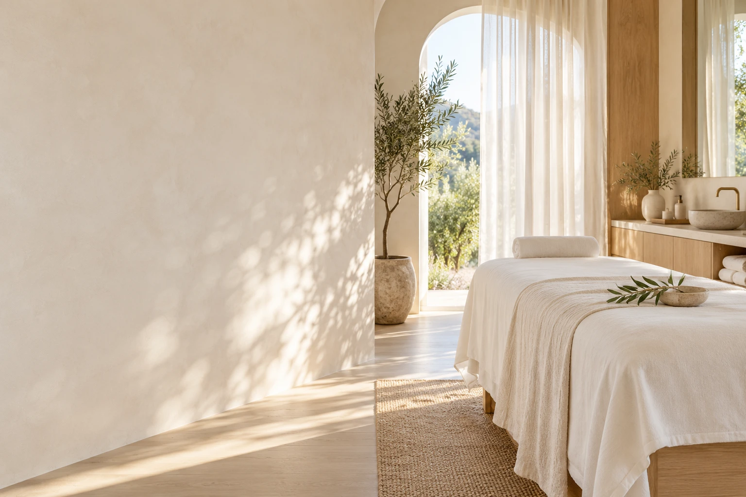 Illustrative light-filled spa room with ivory linens and natural oak