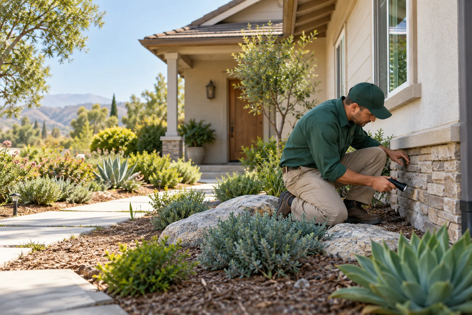 Professional inspecting the exterior of a California home