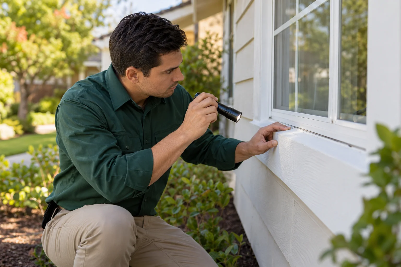 Professional inspecting an exterior window with a flashlight