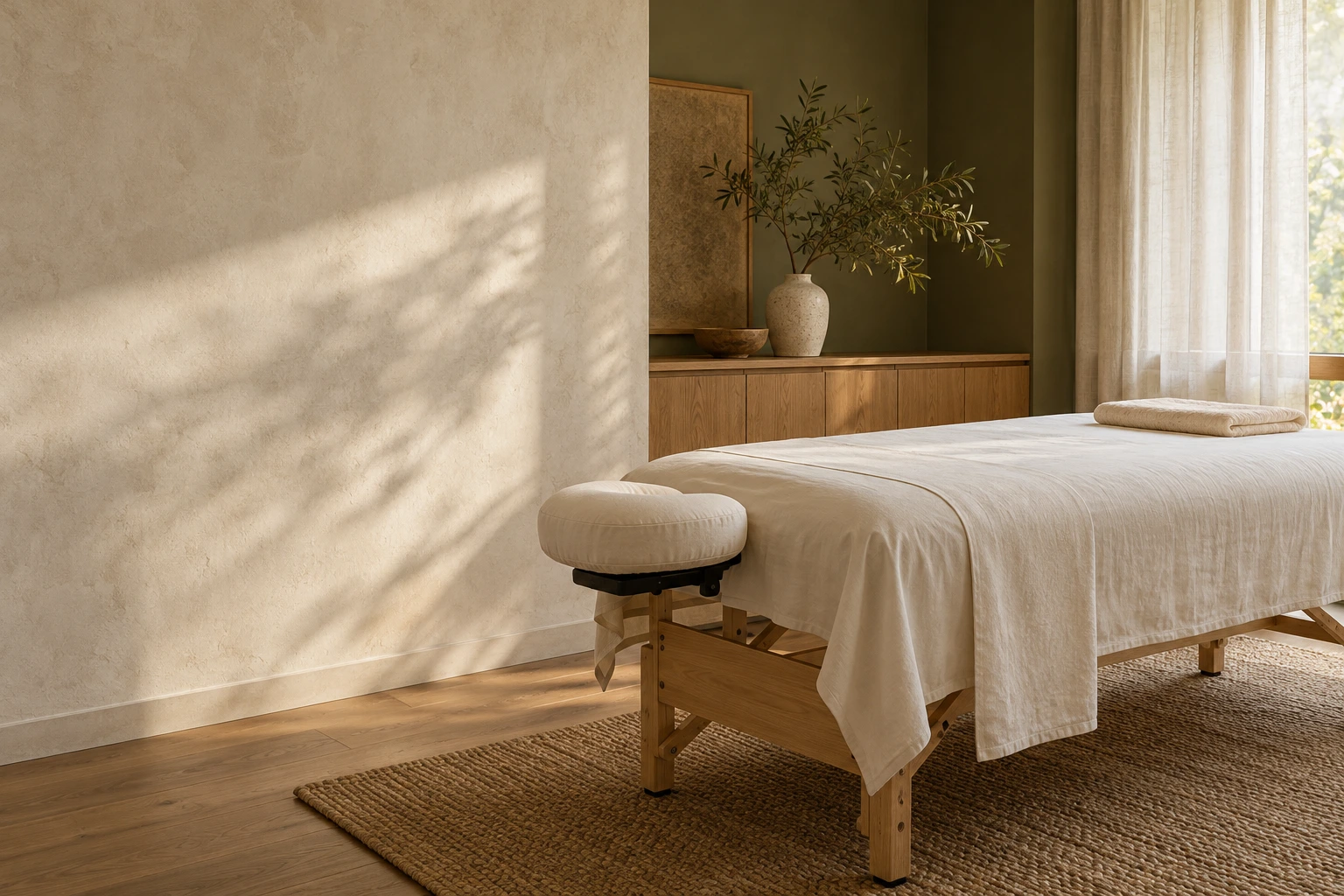 Illustrative massage room with fresh ivory linens and soft window light