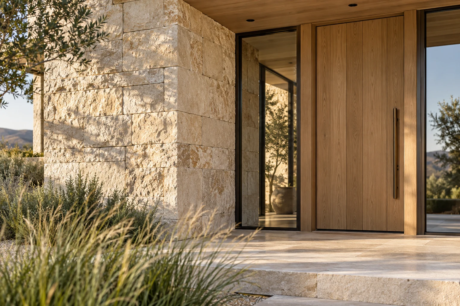 Natural limestone and oak entry, illustrative home detail