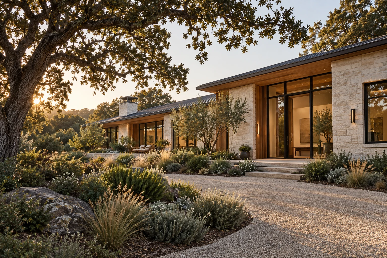 Limestone and cedar custom home surrounded by native planting, illustrative home concept
