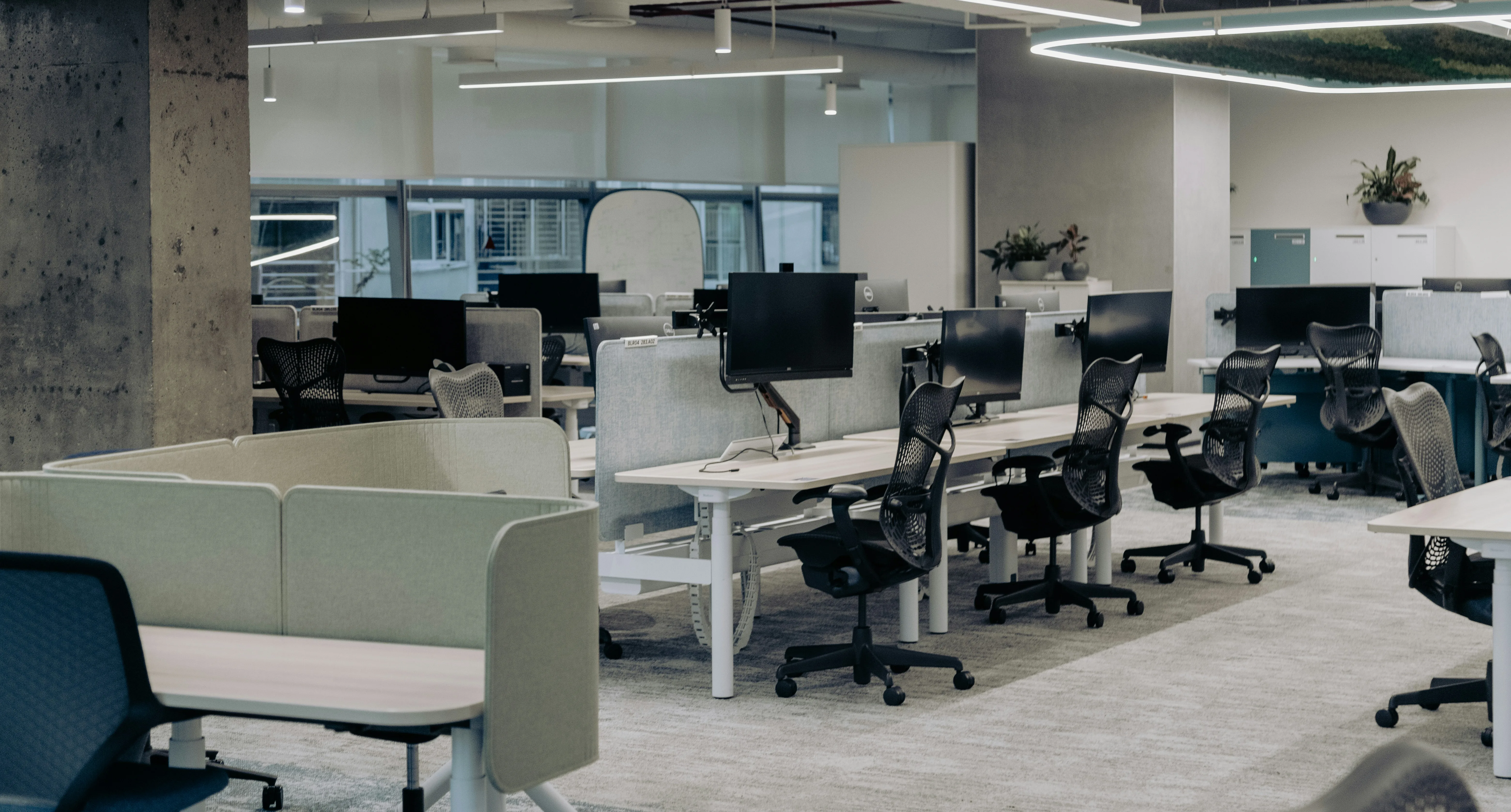 Modern commercial office interior with finished workspace details