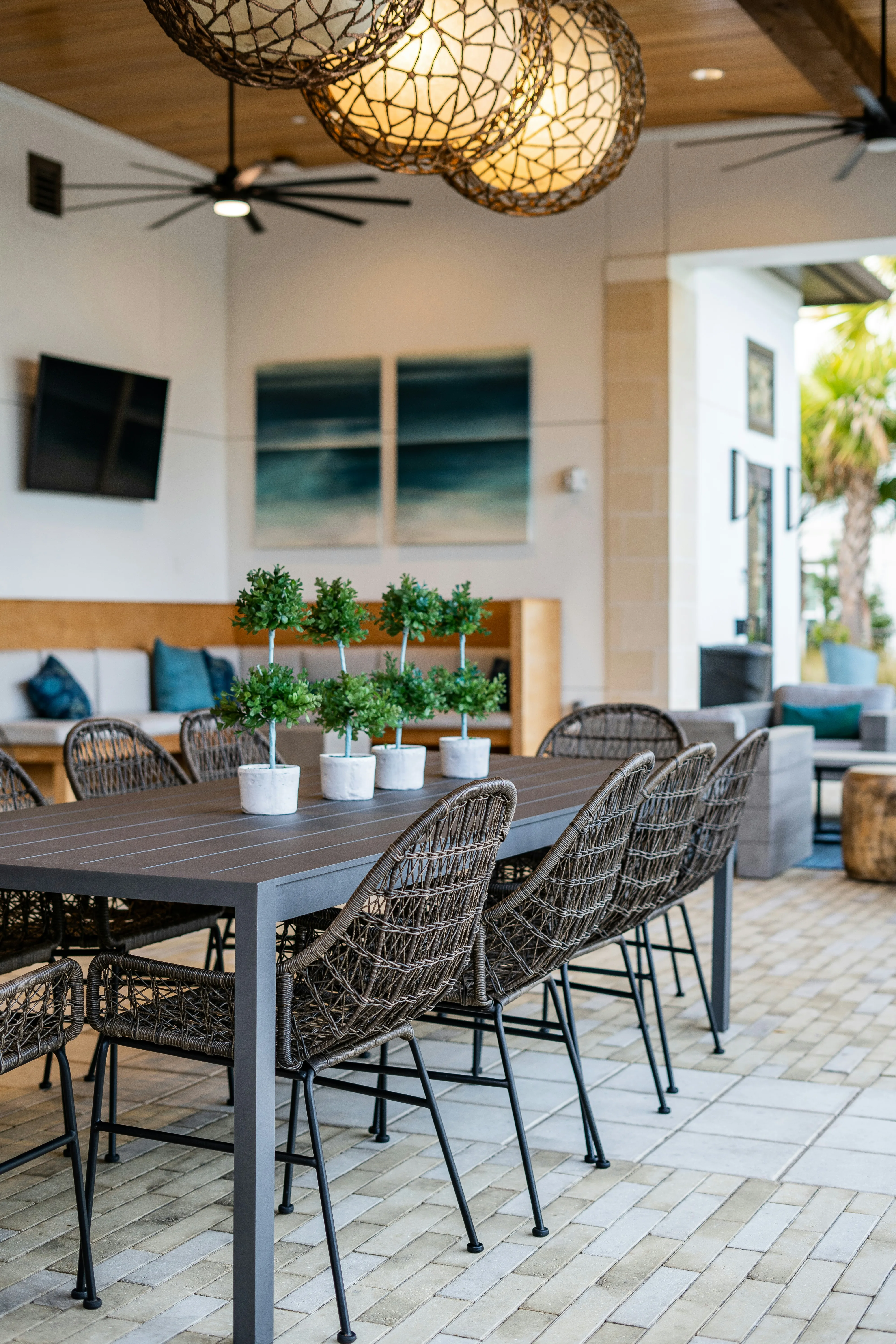 Finished outdoor living and patio space with modern furnishings