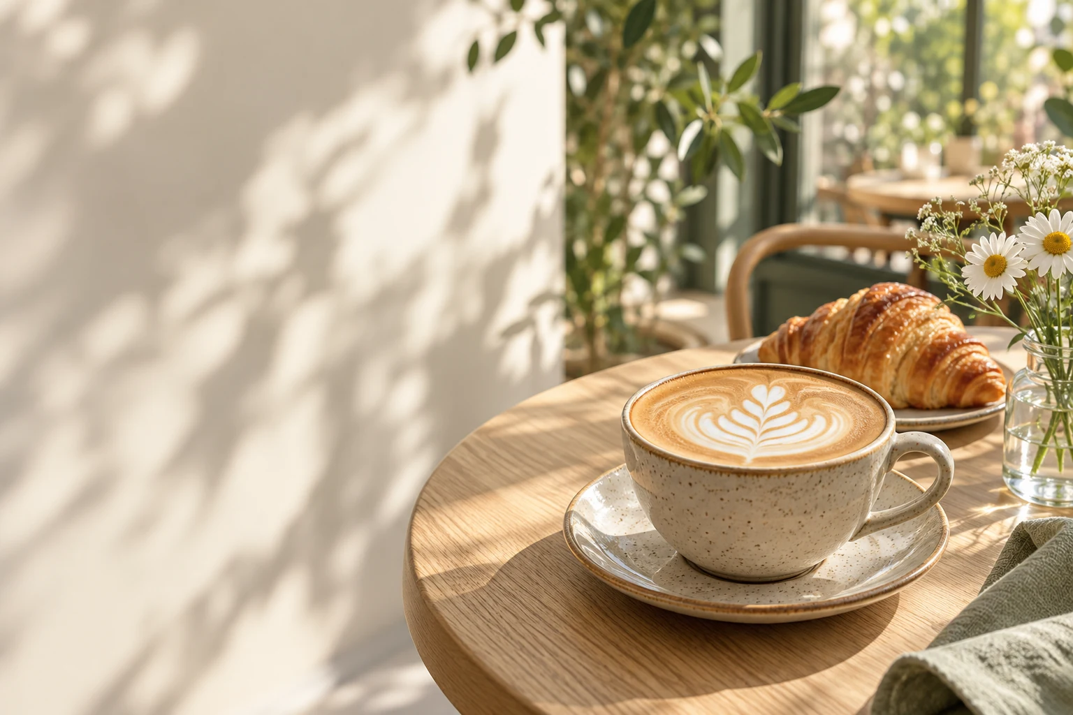 Sunlight on a ceramic latte cup, croissant, and daisies beside a café window