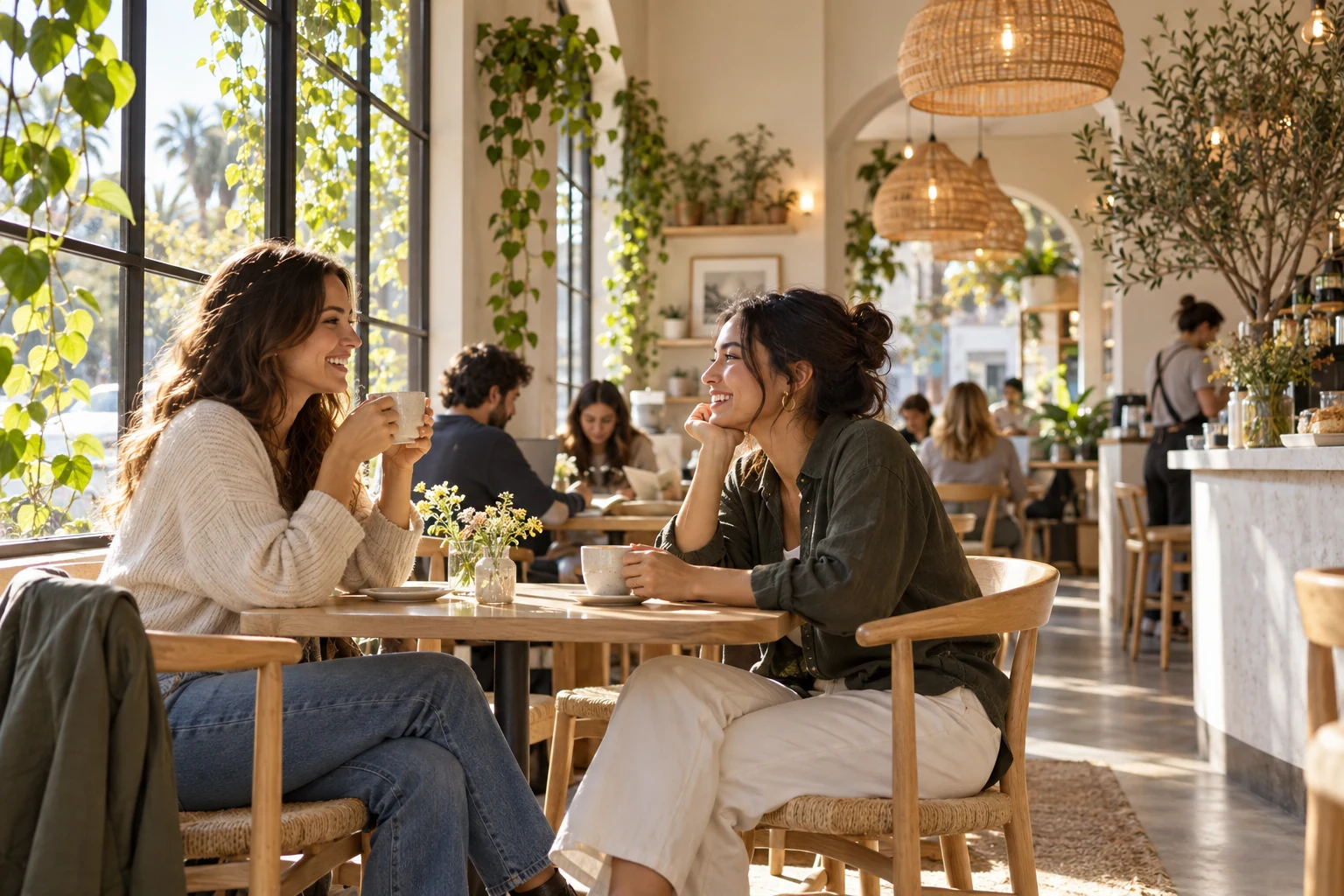Friends enjoying food and conversation in a bright café with plants and woven pendant lights