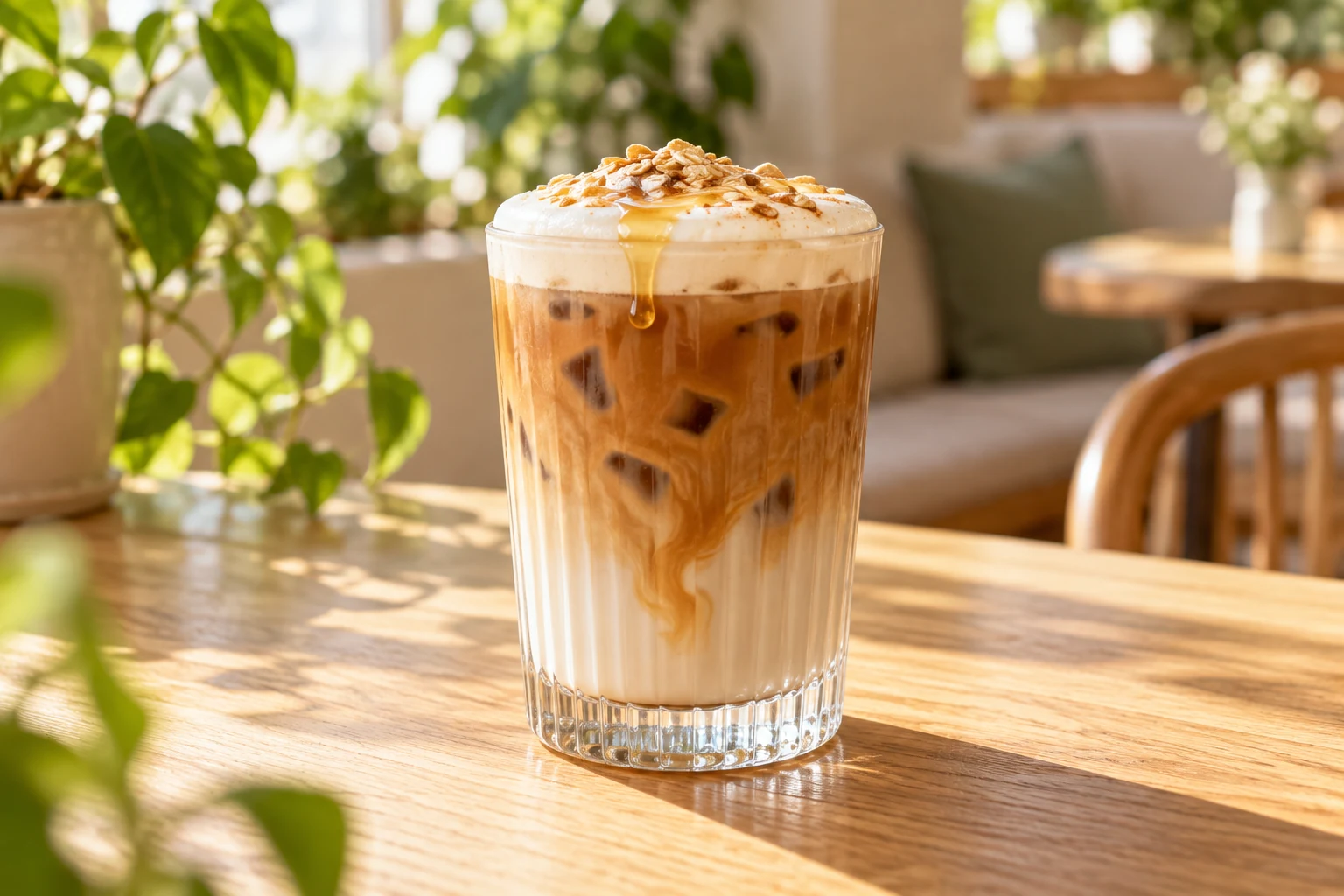 Iced latte with honey oat foam