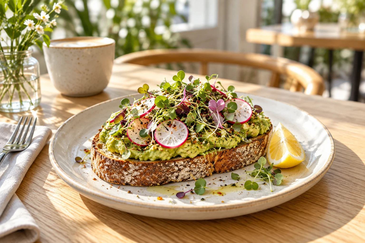 Avocado toast with radishes and microgreens