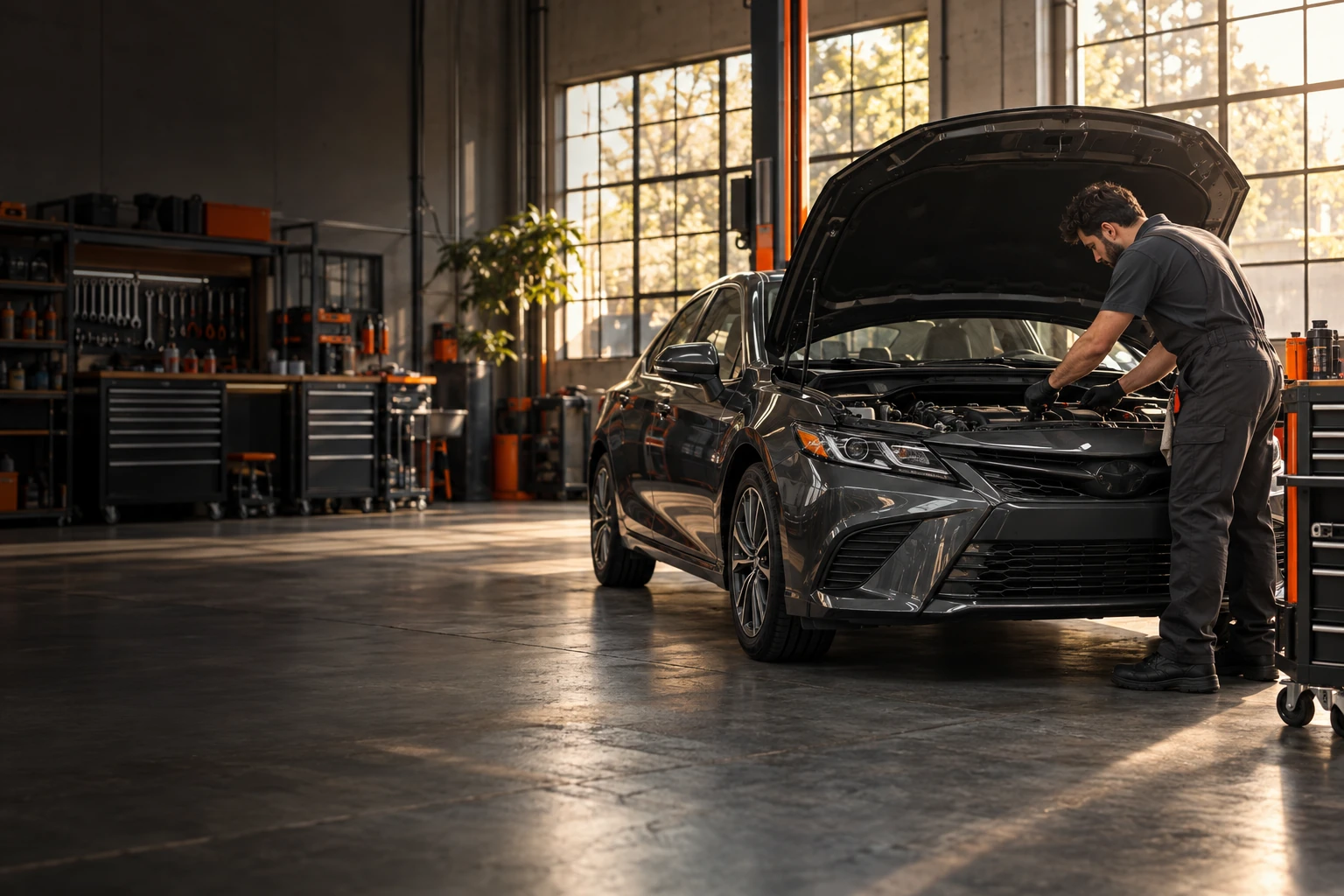 Technician examining an engine in an automotive workshop