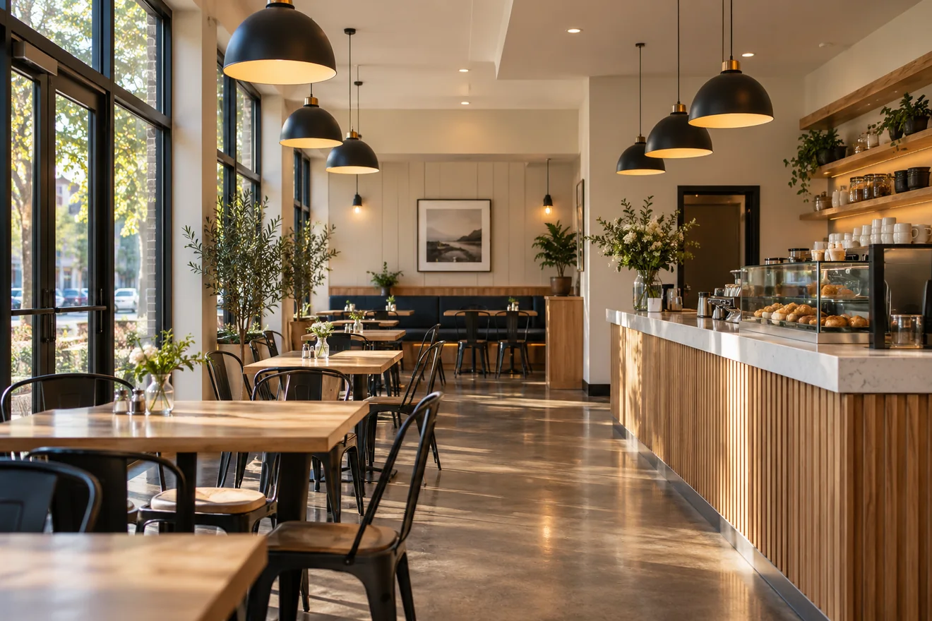 Small commercial interior with balanced ceiling and task lighting
