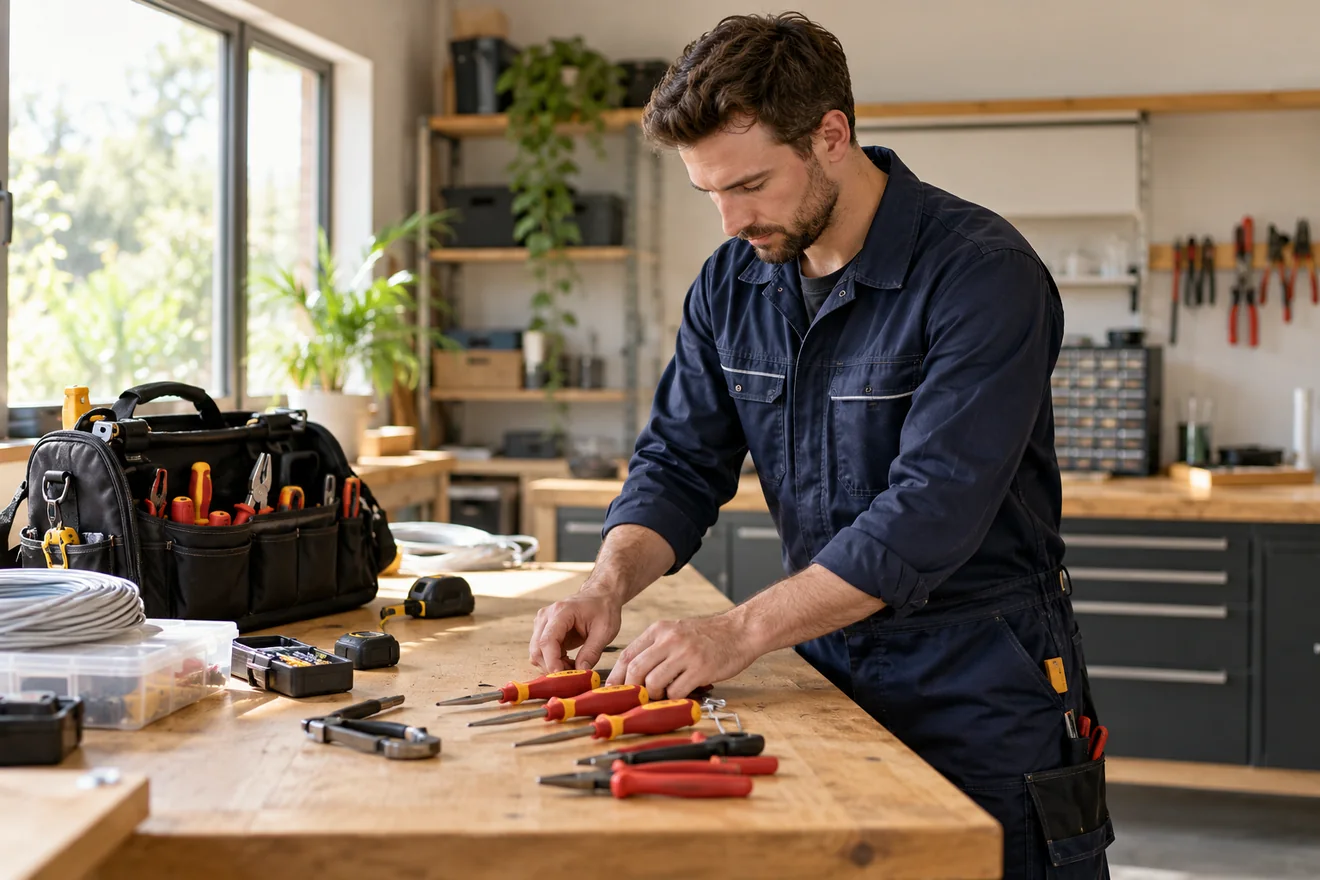 Electrician preparing neatly organized tools at a clean workbench