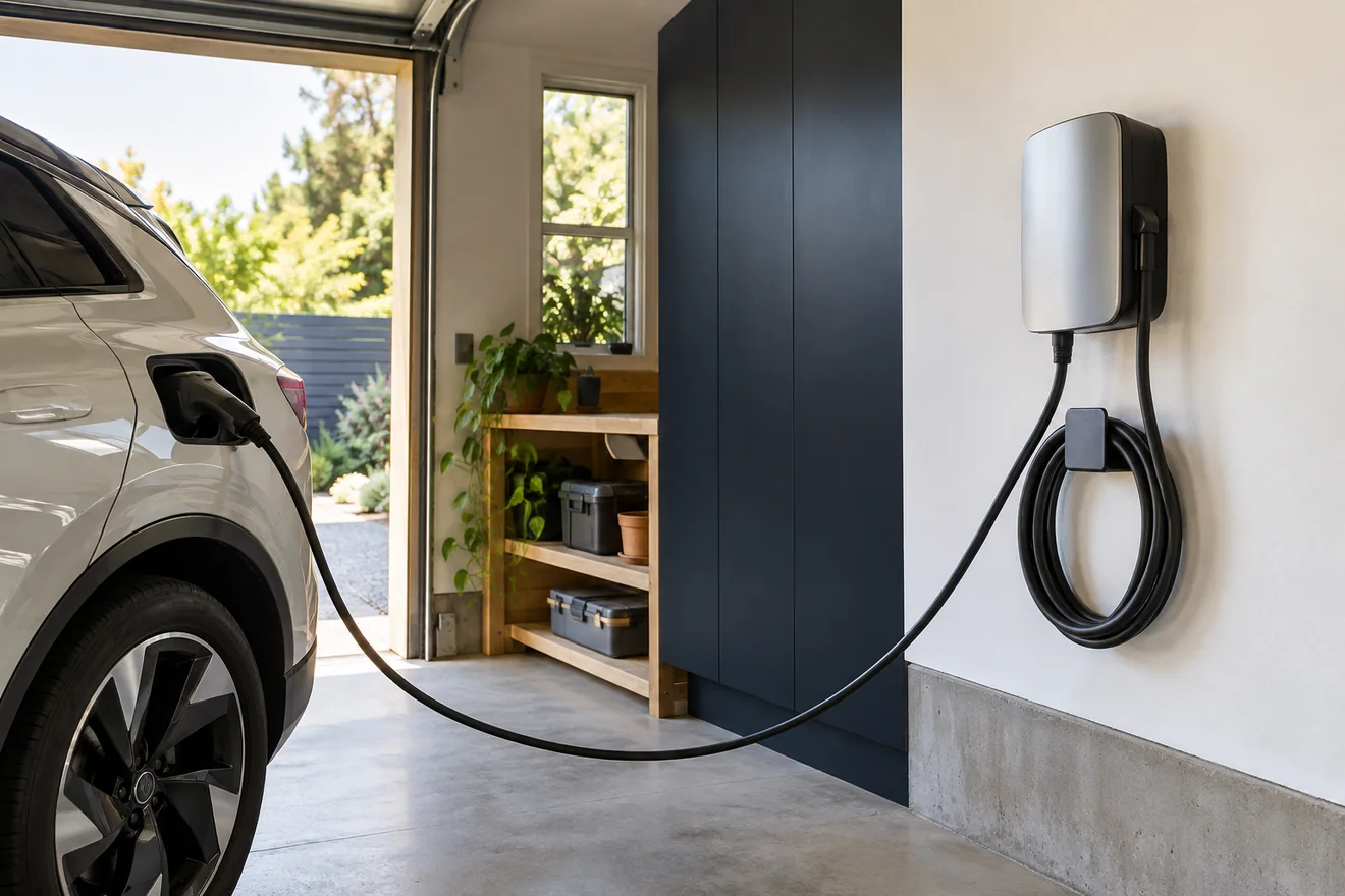 Wall-mounted EV charger with neatly stored cable in a clean residential garage