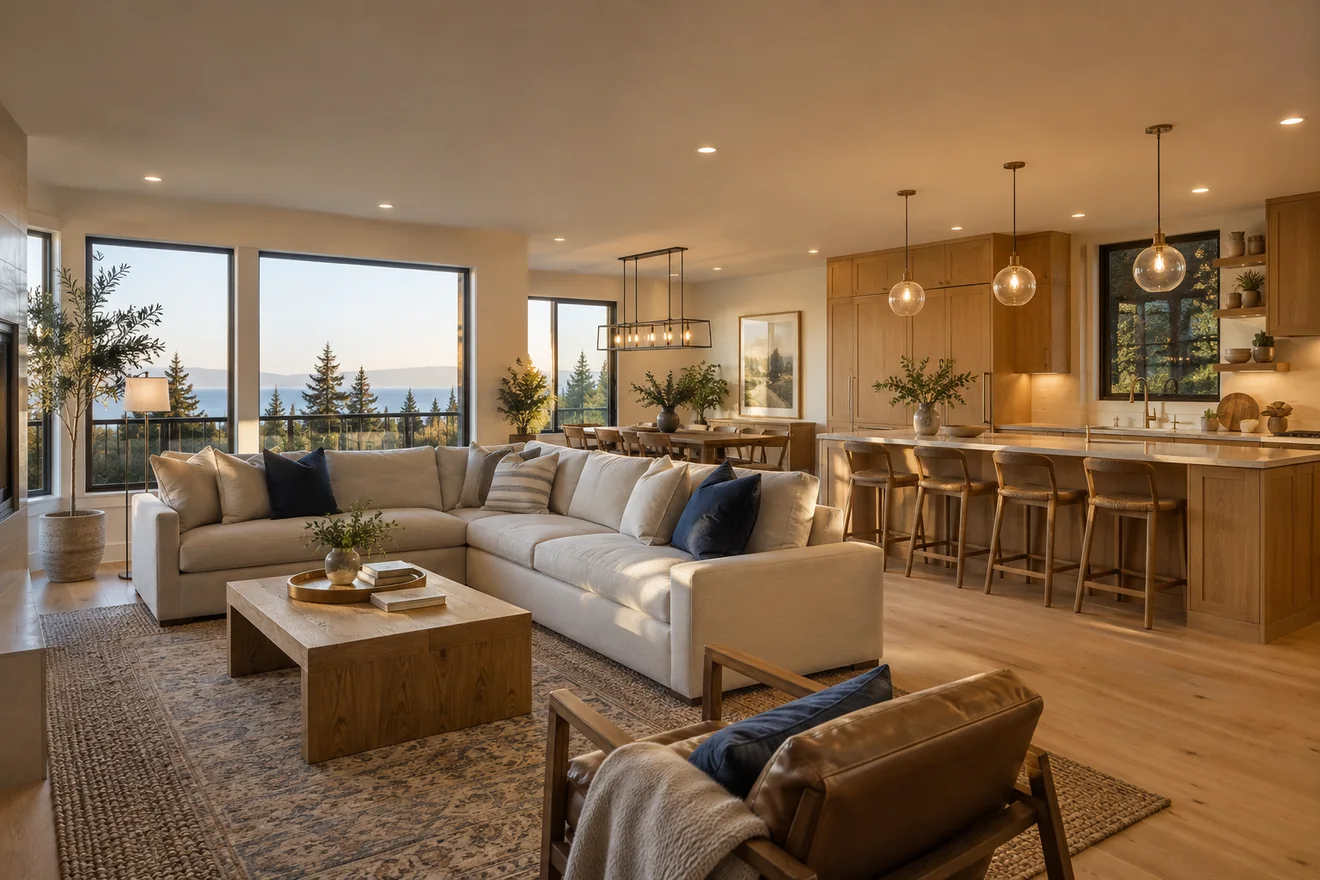 Warm, contemporary home interior with carefully placed pendant and accent lighting